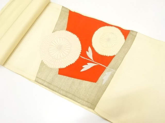 JAPANESE KIMONO / ANTIQUE CHRYSANTHEMUM PATTERN WOVEN NAGOYA OBI FABRI